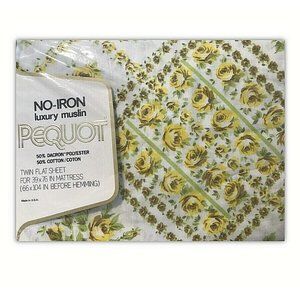 PEQUOT Yellow Berkeley Square POLY Cotton NO IRON Floral Twin Flat Sheet Vintage